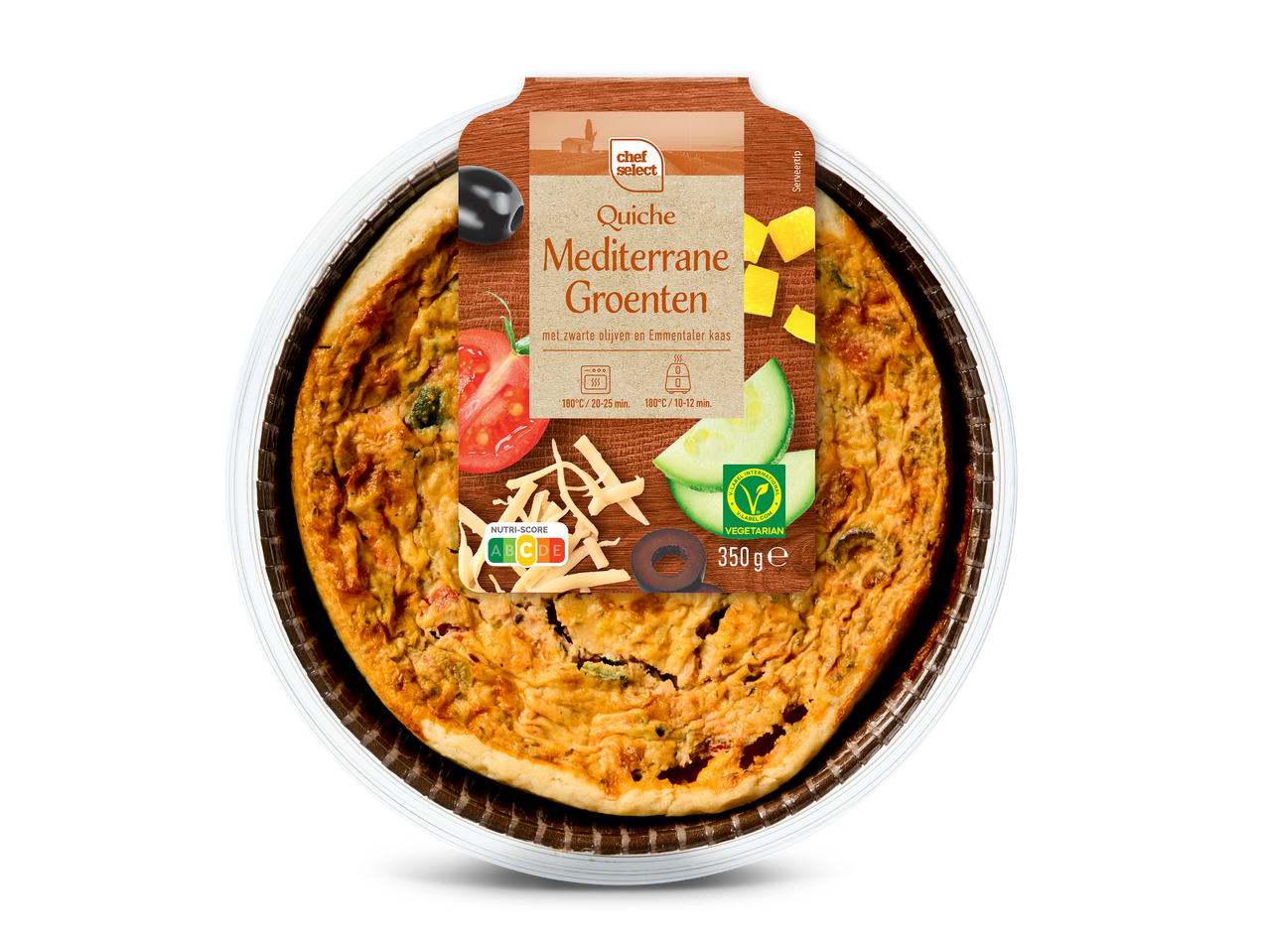 Quiche Mediterrane Groenten met zwarte olijven en Emmentaler kaas, 350g, vegetarisch.