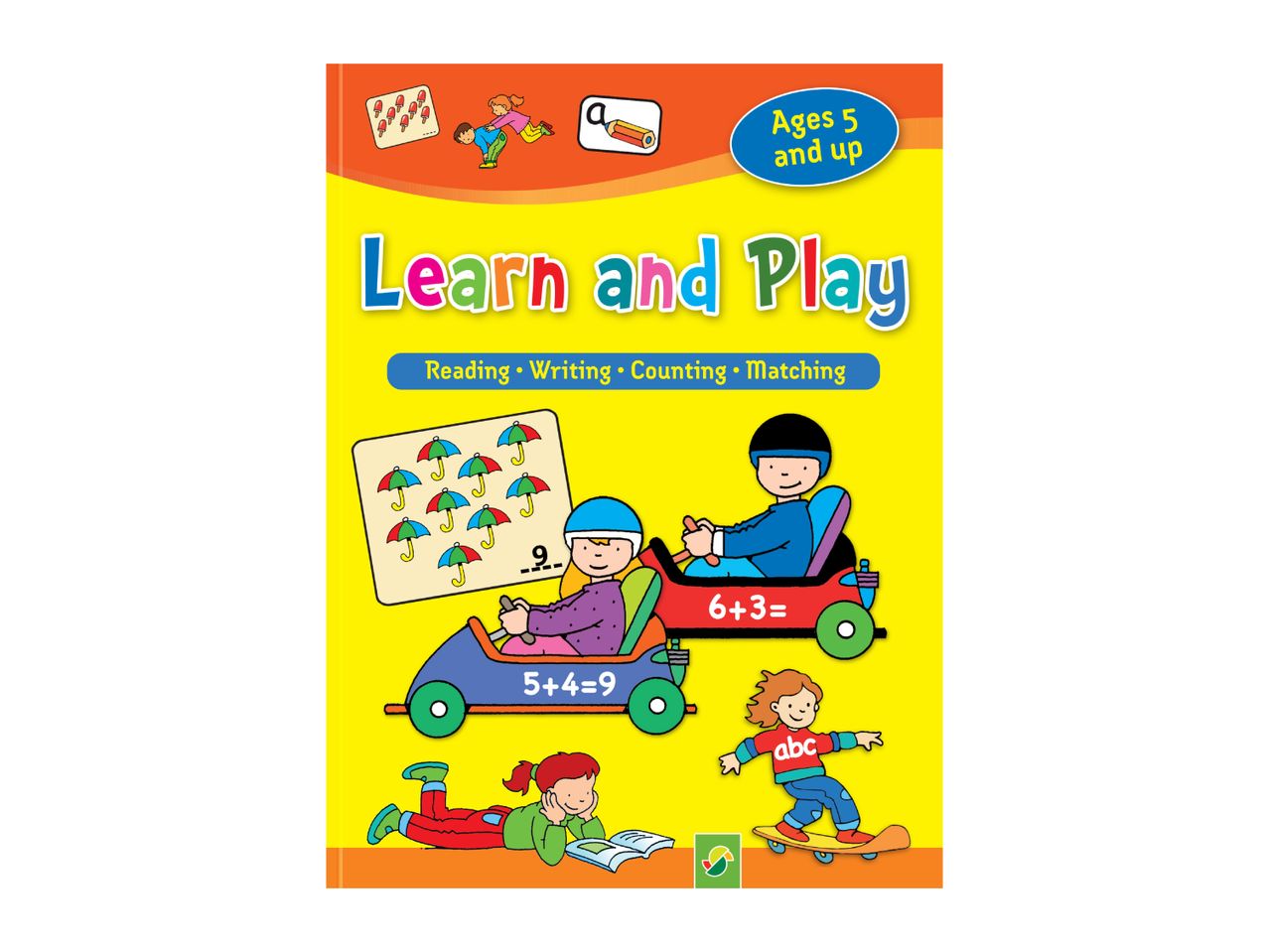 A colorful children's activity book cover titled 'Learn and Play' for ages 5 and up, featuring activities like reading, writing, counting, and matching.