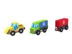 Three wooden toy vehicles: a yellow front loader, a green truck, and a red cargo wagon.