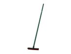 A green broom with a black head and red bristles, standing upright on a white background.