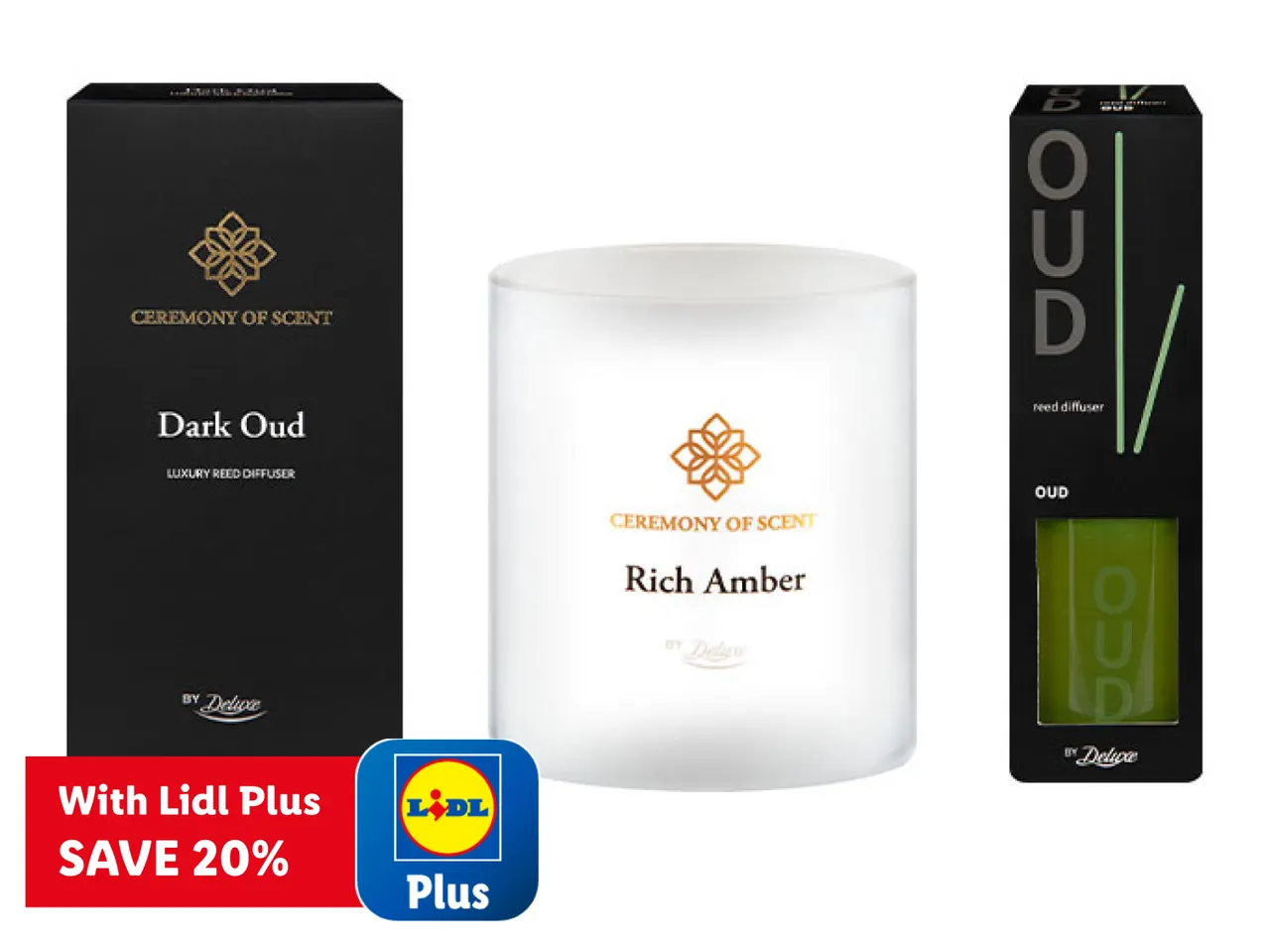 Three home fragrance products: a dark oud reed diffuser, a rich amber candle, and an oud reed diffuser, with a Lidl Plus discount offer.