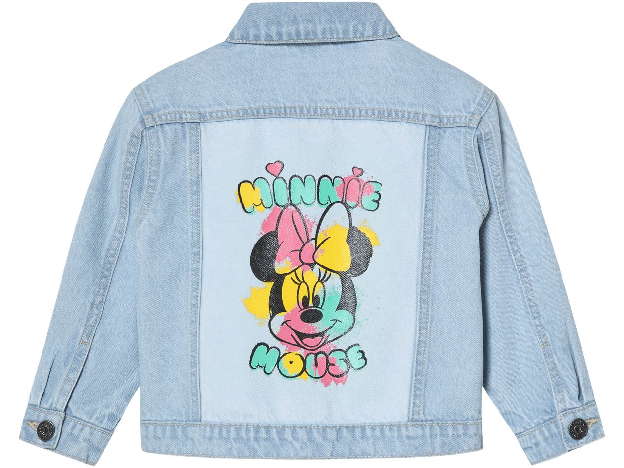 Light blue denim jacket with a colorful Minnie Mouse graphic on the back.