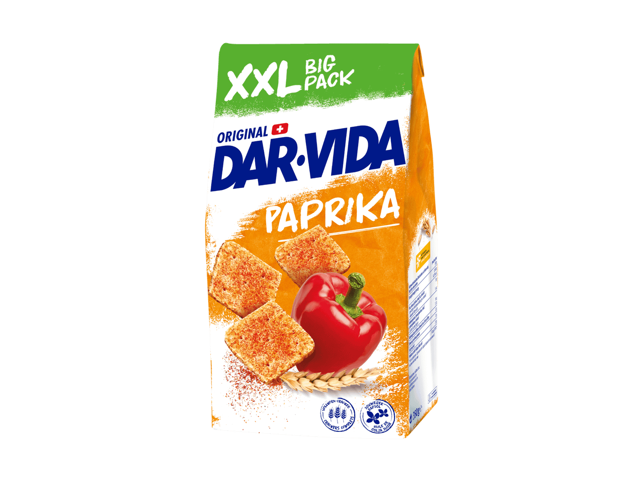 Große Packung Paprika-Cracker mit roter Paprika und Weizenähren.