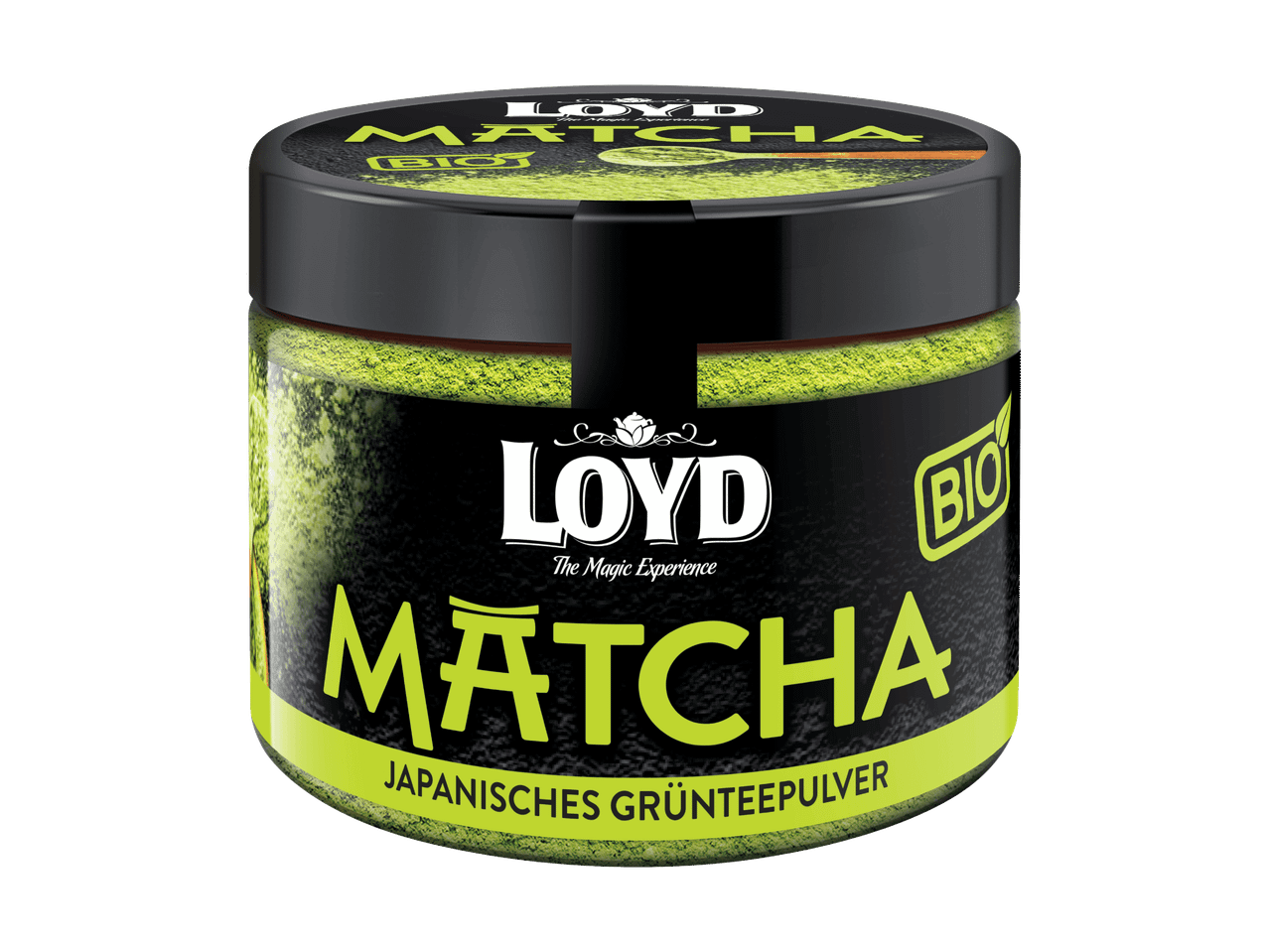 Loyd Matcha japanisches Grünteepulver in einem schwarzen Glas.