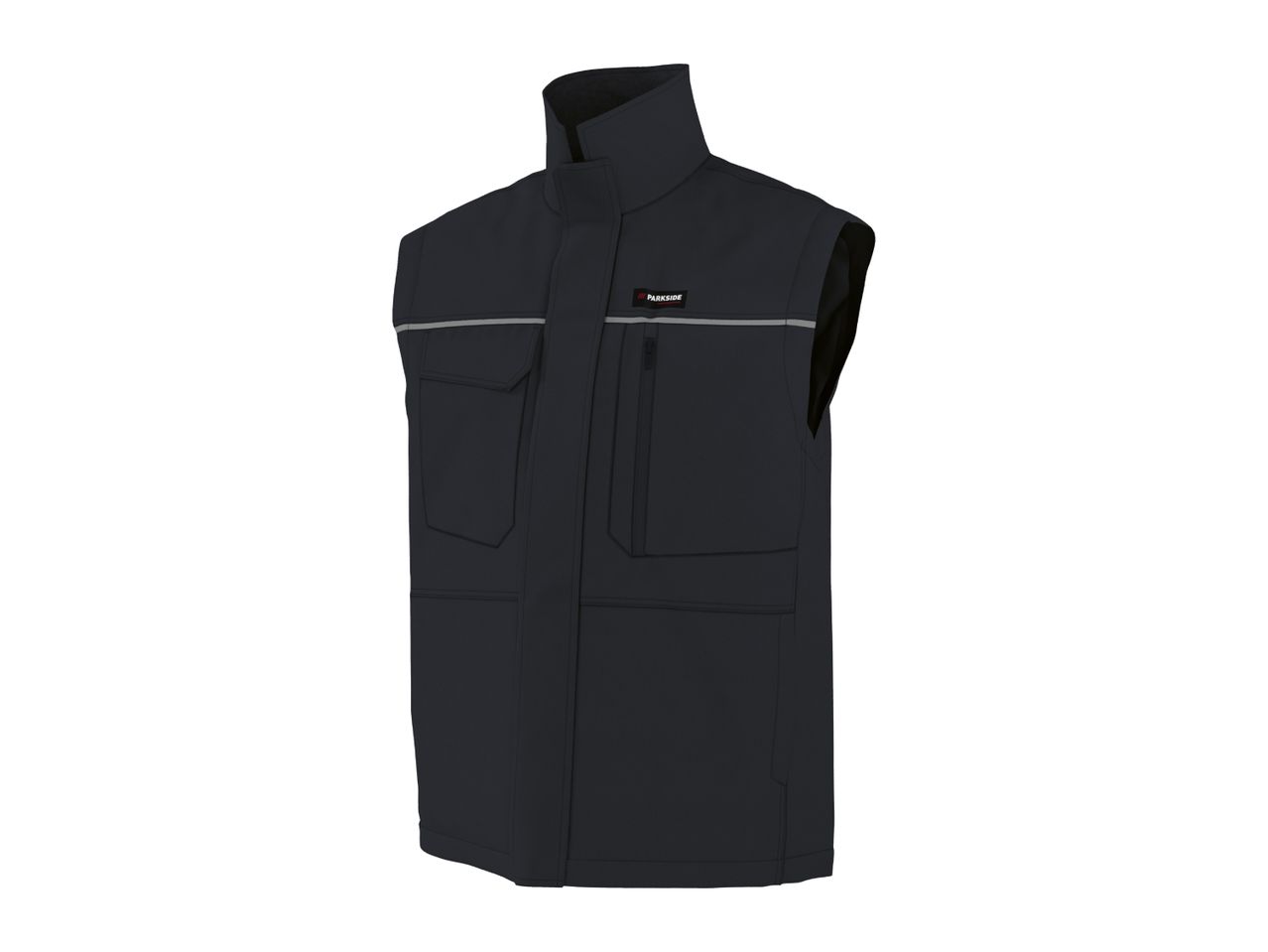 Dark blue work vest with reflective stripe and multiple pockets
