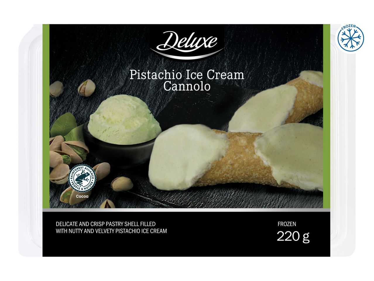 Pistachio ice cream cannolo with a scoop of ice cream and pistachios, labeled as frozen.