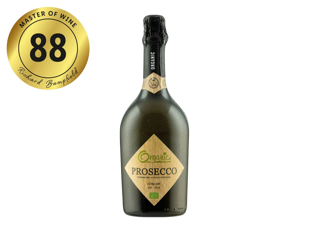Bottle of organic Prosecco Extra Dry, rated 88 by Richard Bamfield.