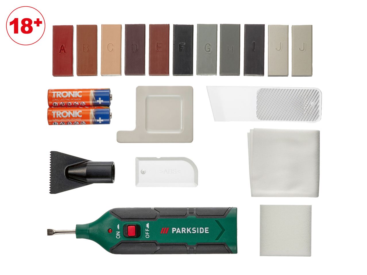 Wood repair kit with wax sticks, batteries, tools, and cleaning cloths.