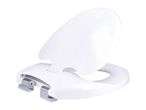 White toilet seat and lid with chrome hinges, isolated on a white background.