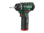 Cordless screwdriver with a green and black body, red accents, and a silver bit.