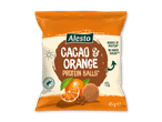 Pakke med kakao- og appelsinproteinbolde, kilde til protein, uden tilsat sukker.