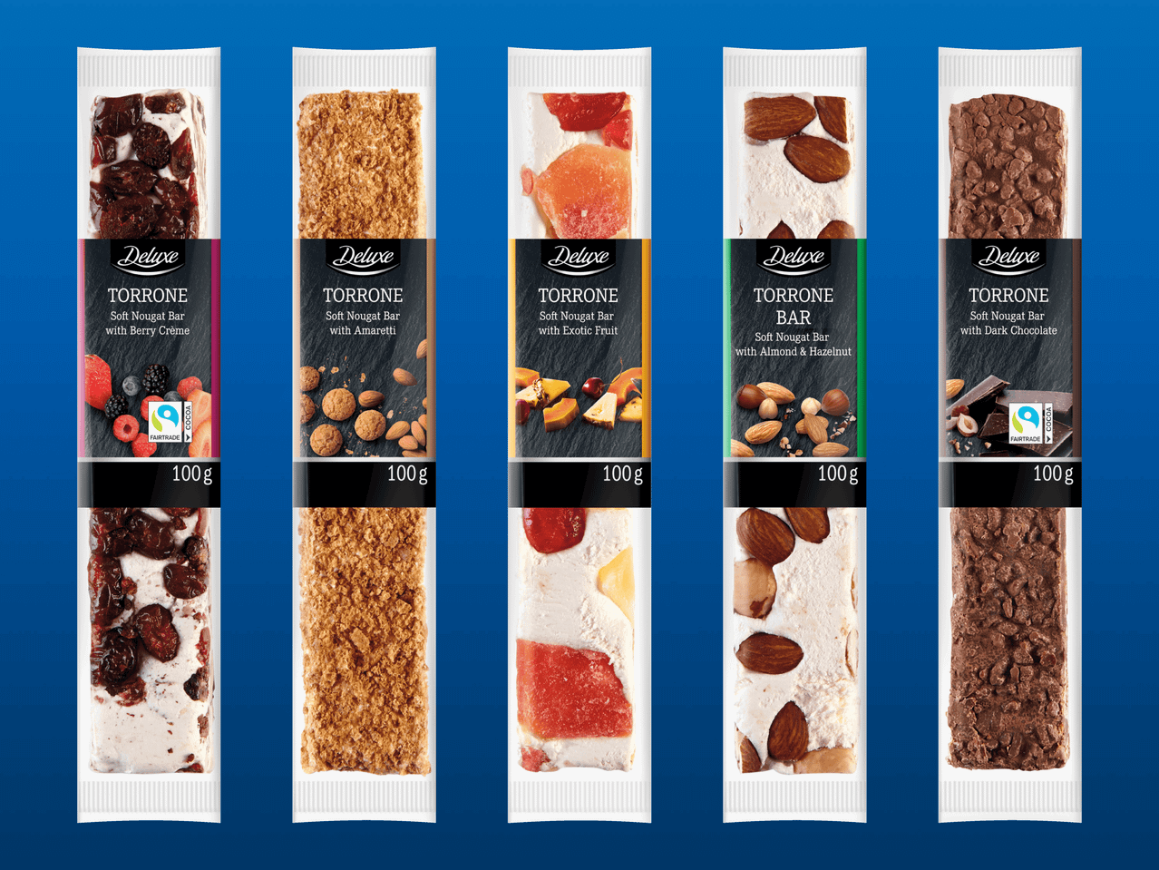 Viisi erilaista nougat-patukkaa, pakattuina yksittäispakkauksiin.