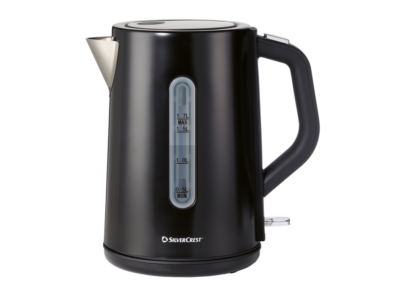 Melna elektriskā tējkanna ar ūdens līmeņa indikatoru un sudraba detaļām
