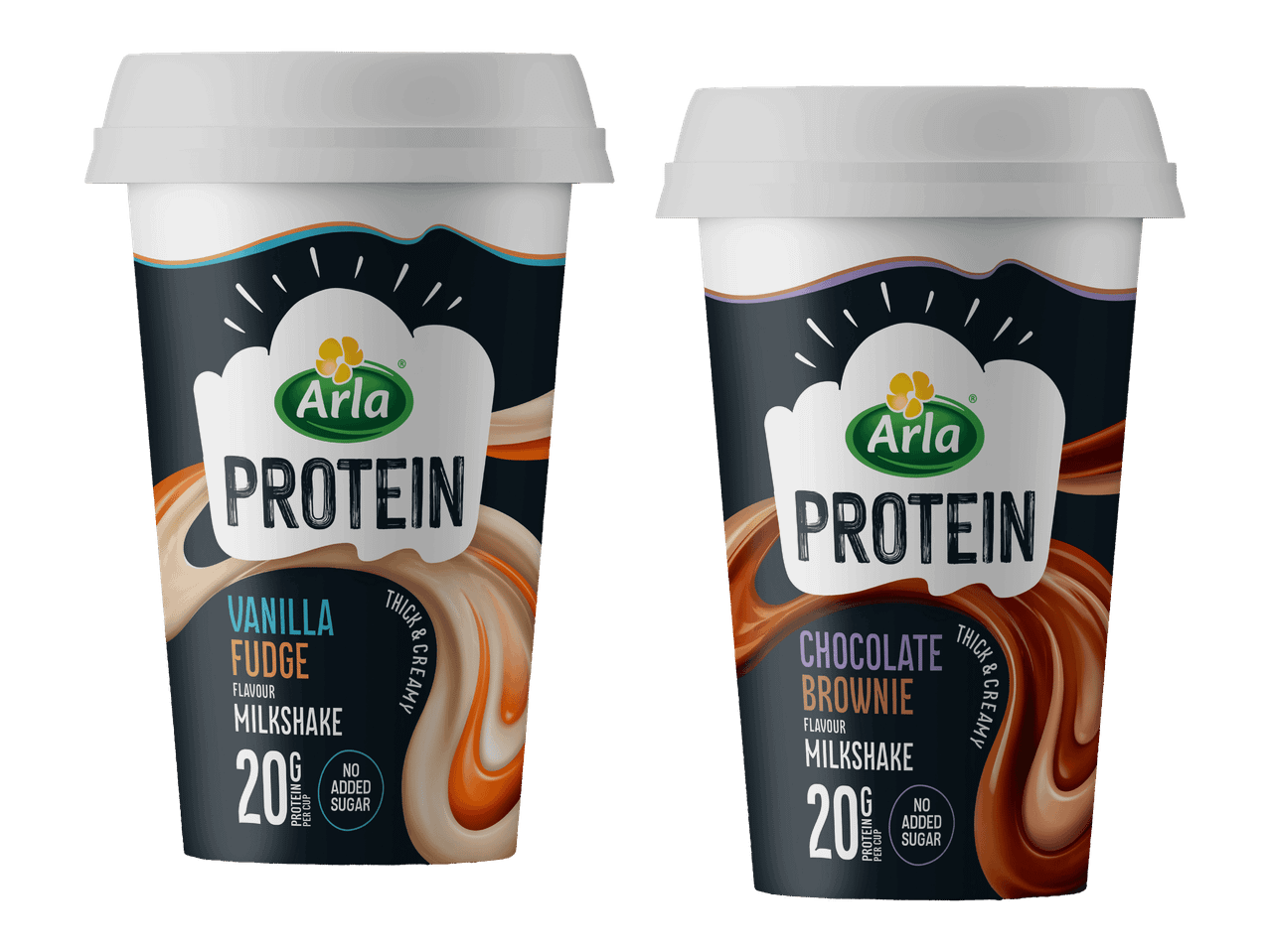 Kaksi proteiinipirtelöä: vanilja-fudge ja suklaa-brownie, molemmissa 20g proteiinia ja ei lisättyä sokeria.