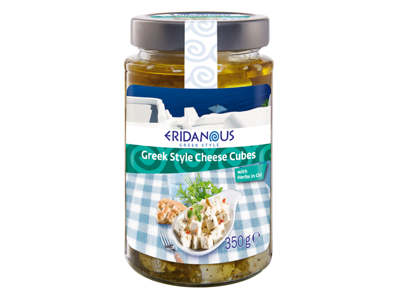 Eridanus graikiški sūrio kubeliai aliejuje su žolelėmis.