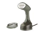 A gray handheld garment steamer with a brush attachment.