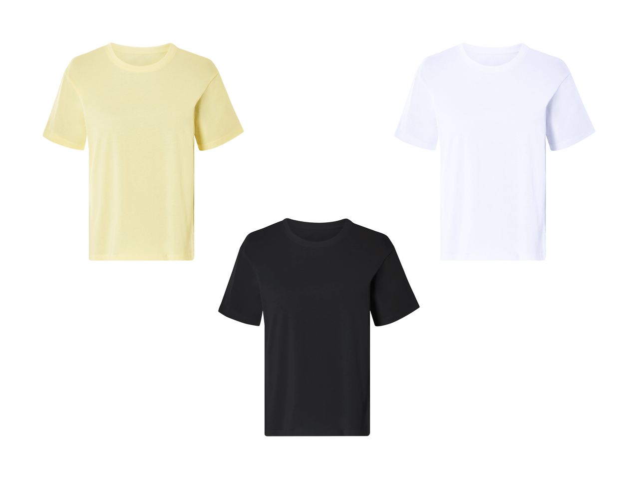 Tre ensfarvede T-shirts i gul, hvid og sort.