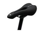 Black bicycle saddle with a central cutout and textured surface, mounted on a seat post.