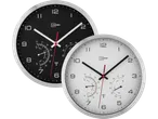 Två väggklockor med termometer och hygrometer, en svart och en vit, med silverramar.