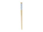 Wooden chopsticks with a blue and white patterned top.