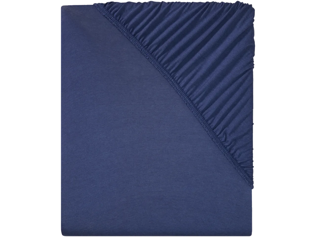 A dark blue fitted sheet with elasticated corners.