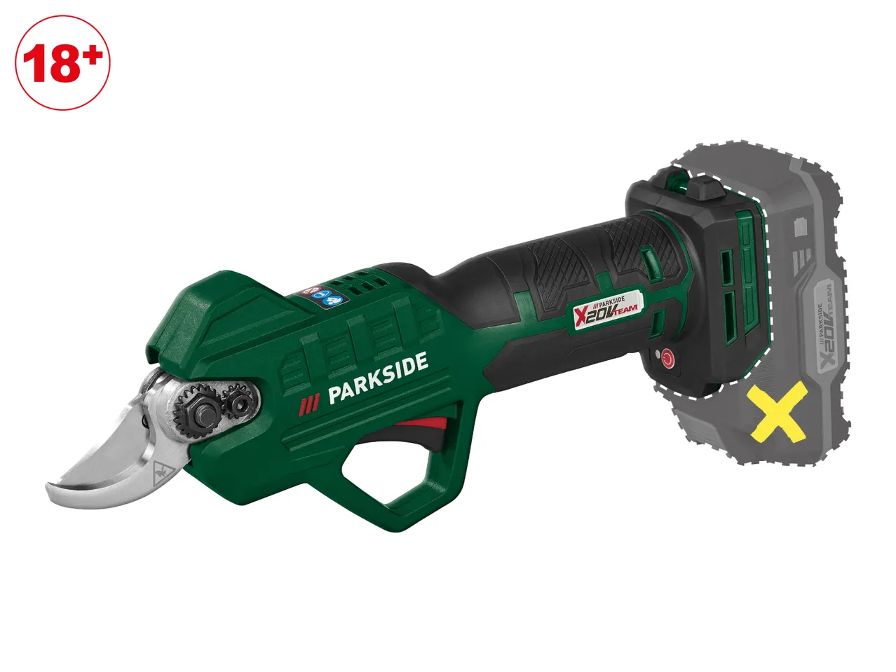 A green and black cordless electric pruning shear with a battery pack outline.
