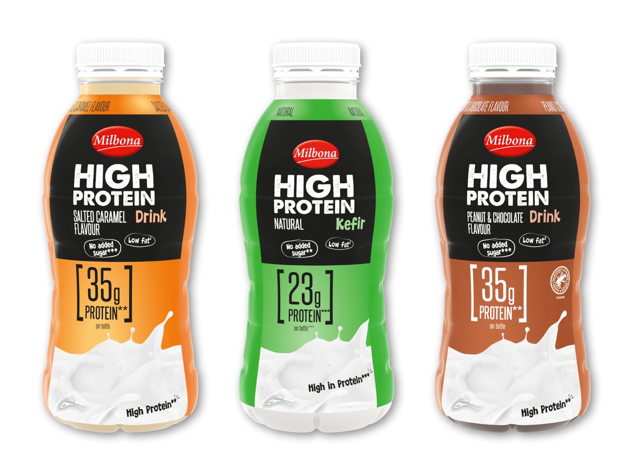 Tre Milbona High Protein drikkevarer: karamel, naturel kefir og peanut-chokolade.