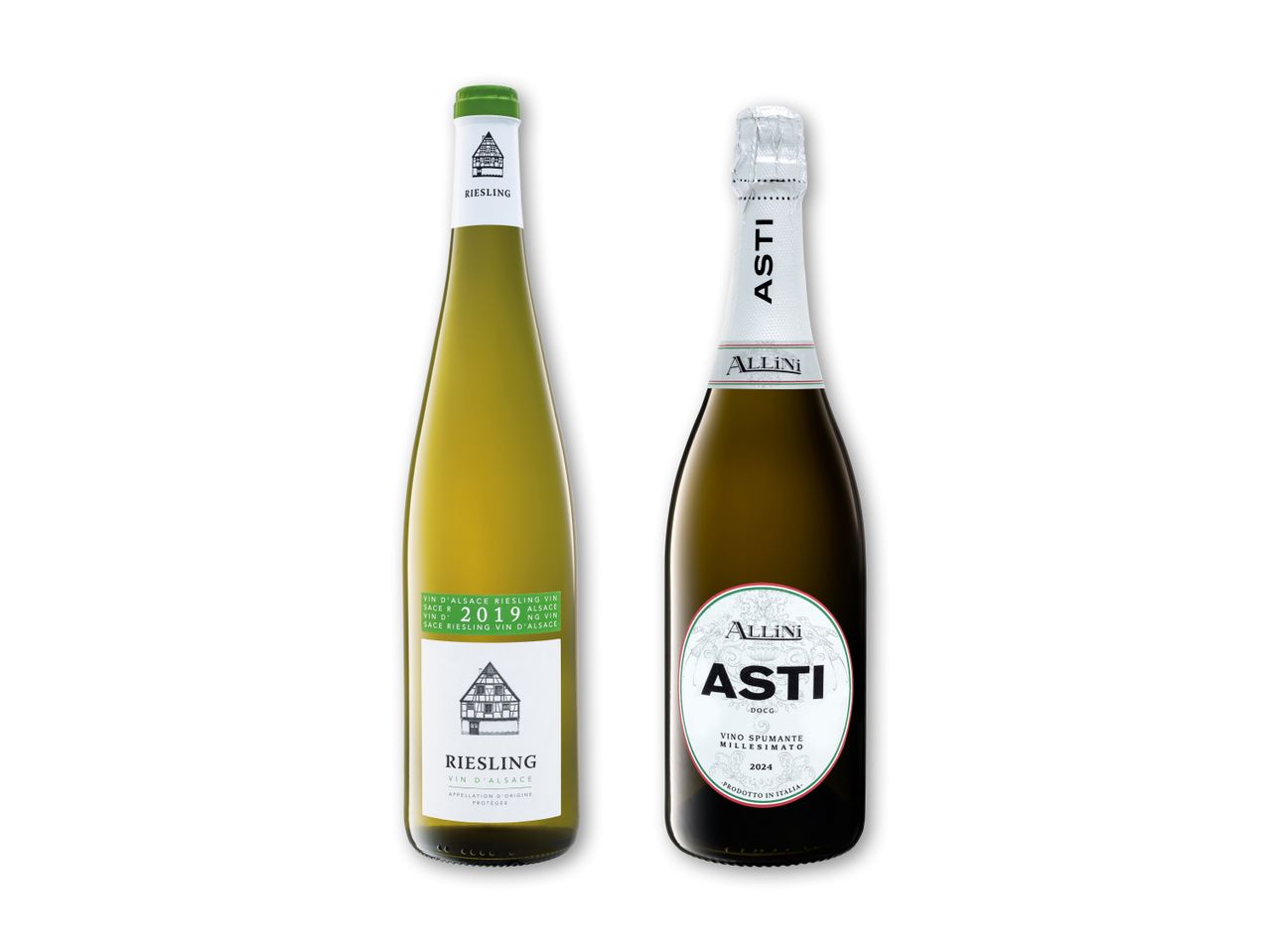 To flasker vin: en hvidvin fra Alsace, årgang 2019, og en mousserende vin fra Asti, årgang 2024.
