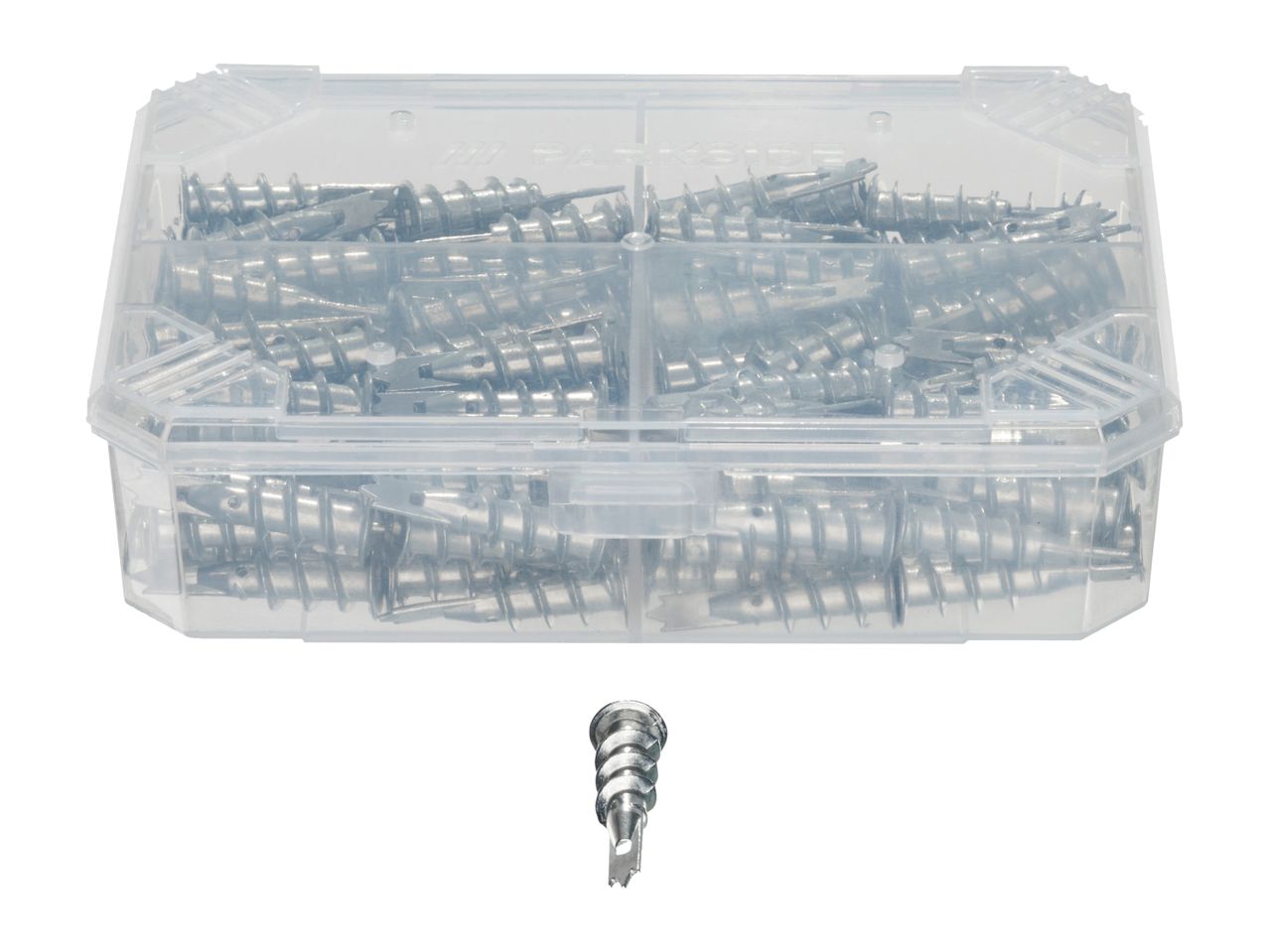 Clear plastic organizer box filled with drywall anchors, with one anchor below.
