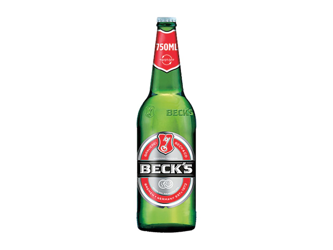 O sticlă verde de bere Beck's de 750 ml cu etichete roșii și argintii.
