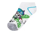 White ankle sock with a colorful cartoon character and green leaf design.