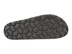 Bottom view of a dark grey sandal sole with a textured, interlocking pattern.