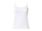 White women's camisole with adjustable spaghetti straps, front view.