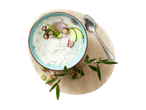 Tzatziki met komkommer en rode ui in een schaal.