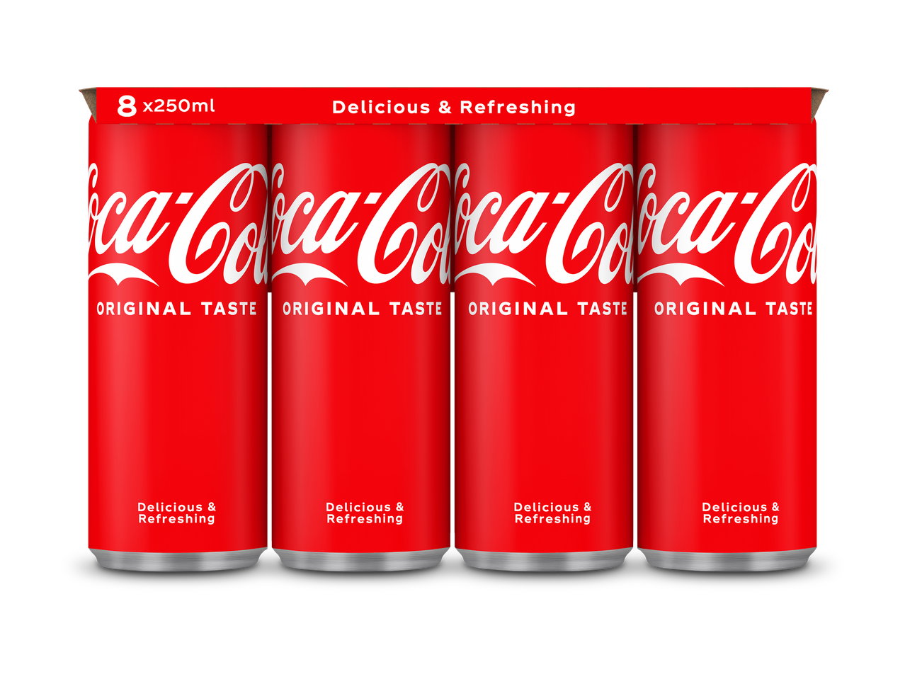Acht rode frisdrankblikjes van 250 ml met de tekst 'ORIGINAL TASTE' en 'Delicious & Refreshing'.
