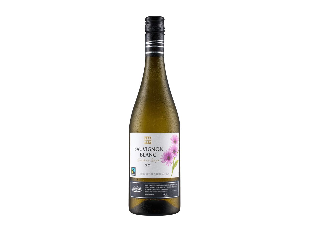 White wine bottle with a label featuring pink flowers, text 'Sauvignon Blanc Western Cape 2025' and a Fairtrade logo.