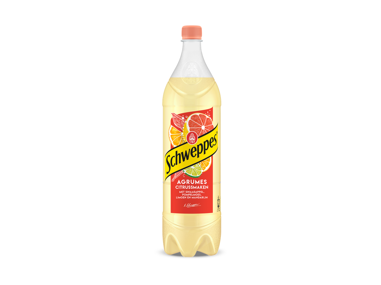 Fles frisdrank met citrussmaak, met afbeeldingen van sinaasappel, grapefruit, limoen en mandarijn.