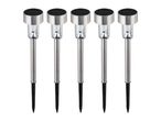 Five stainless steel solar garden lights with clear plastic tops and black ground stakes.