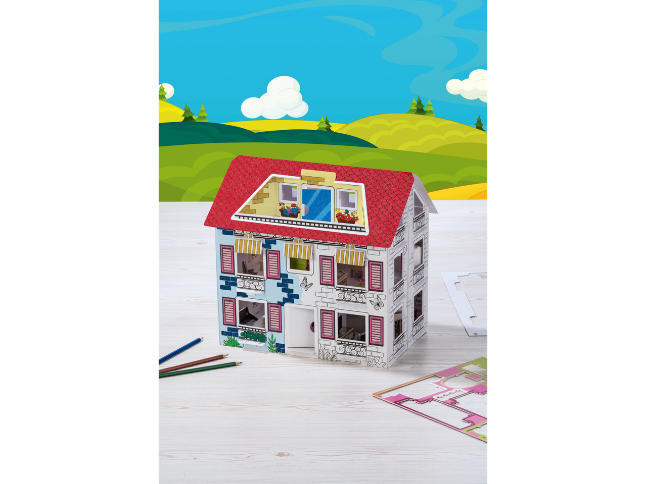 crelando® leļļu mājas komplekts uz ainavas fona.