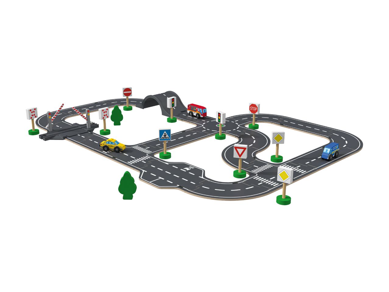 Toy road track with cars, traffic signs, and trees on a white background.