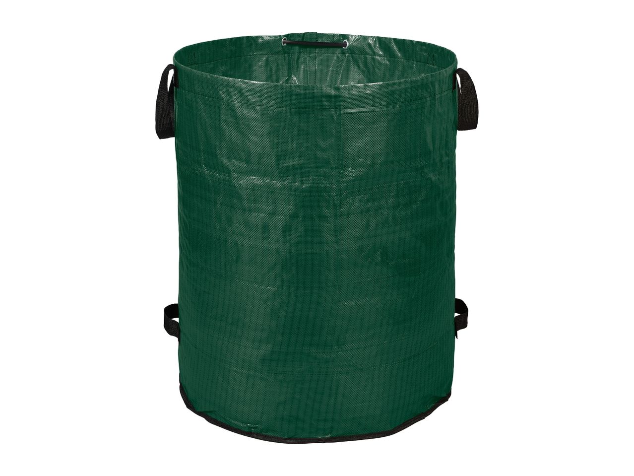 Green garden waste bag with handles and a sturdy rim, made from woven material.