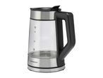 SilverCrest glass kettle with black handle and stainless steel accents, 1.7L capacity.