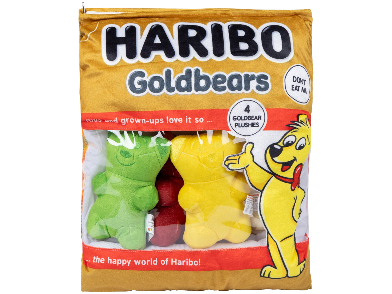 Pluche snoepzak met vier teddybeerknuffels en tekst.