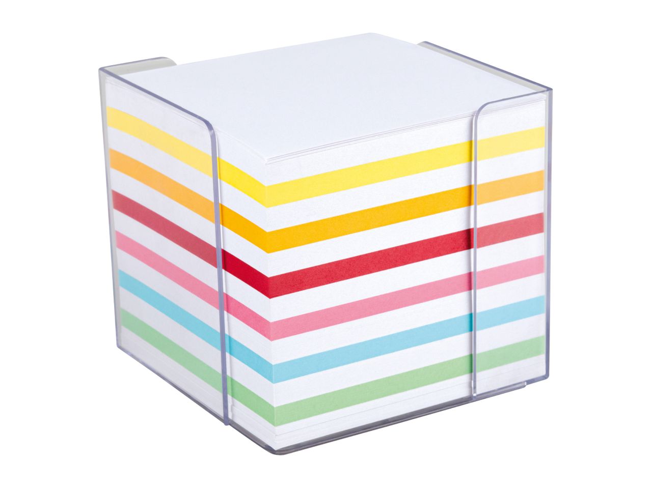 Colorful striped memo pad in a clear acrylic holder
