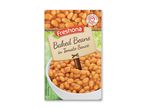 Dåse med bagte bønner i tomatsauce, med teksten 'Baked Beans in Tomato Sauce'.