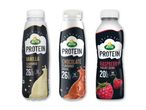 Tre proteinshakes i vanilje, chokolade og hindbærsmag, med 20-26g protein og ingen tilsat sukker.