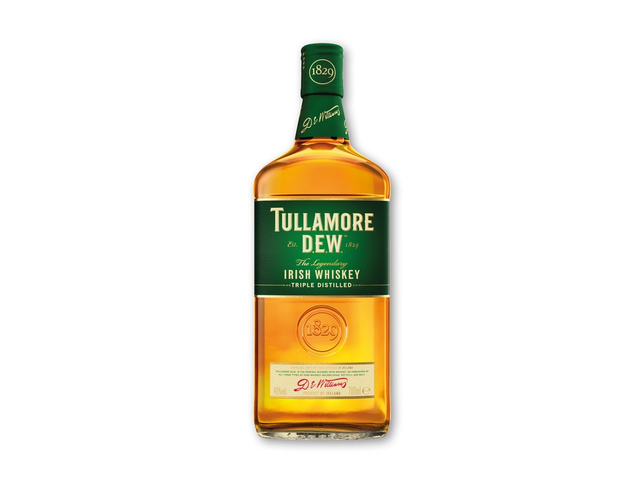 En flaske irsk whiskey med en grøn etiket, der angiver, at den er tredobbelt destilleret.
