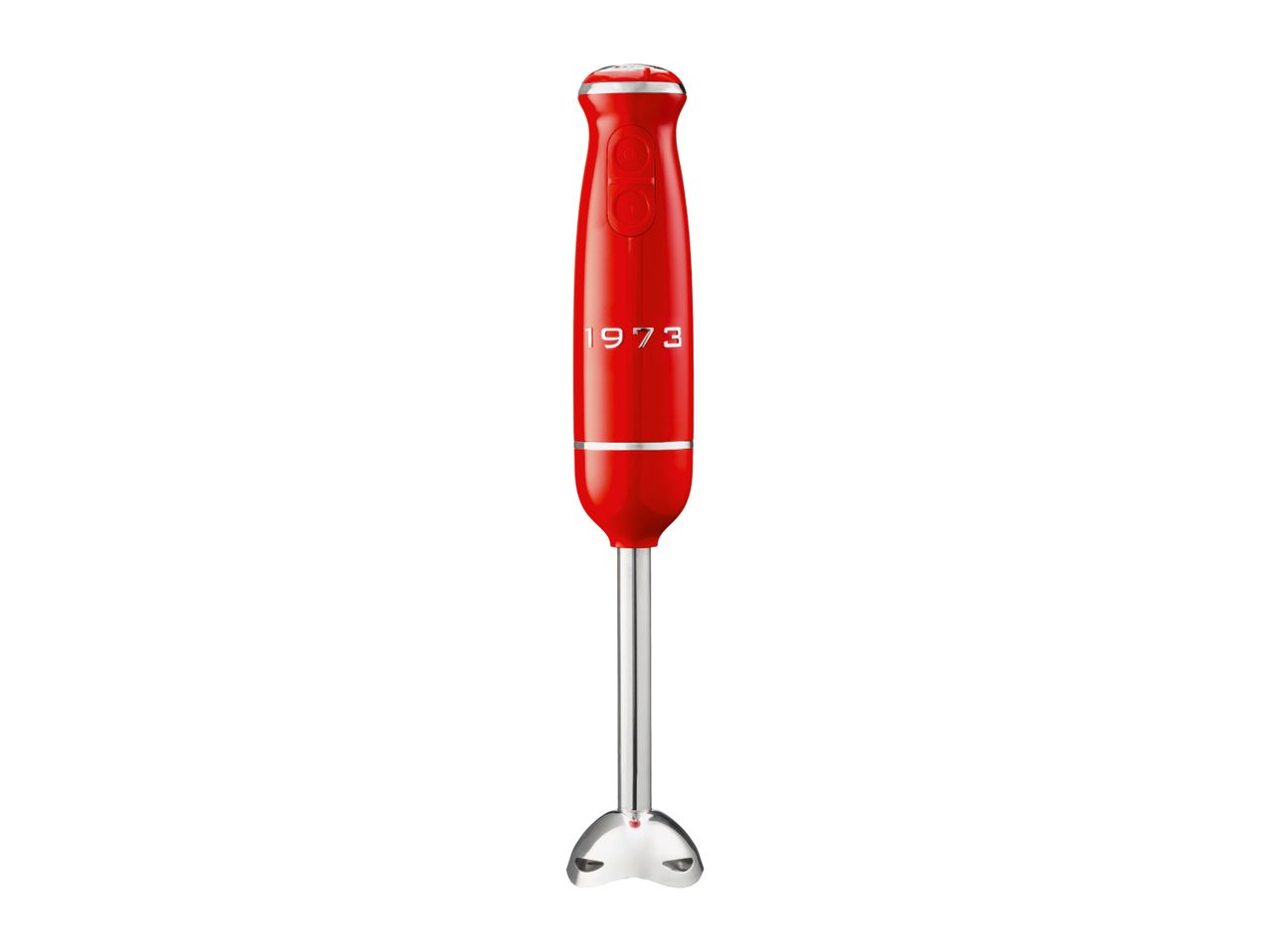 Red hand blender with silver details and the year 1973 printed on the front