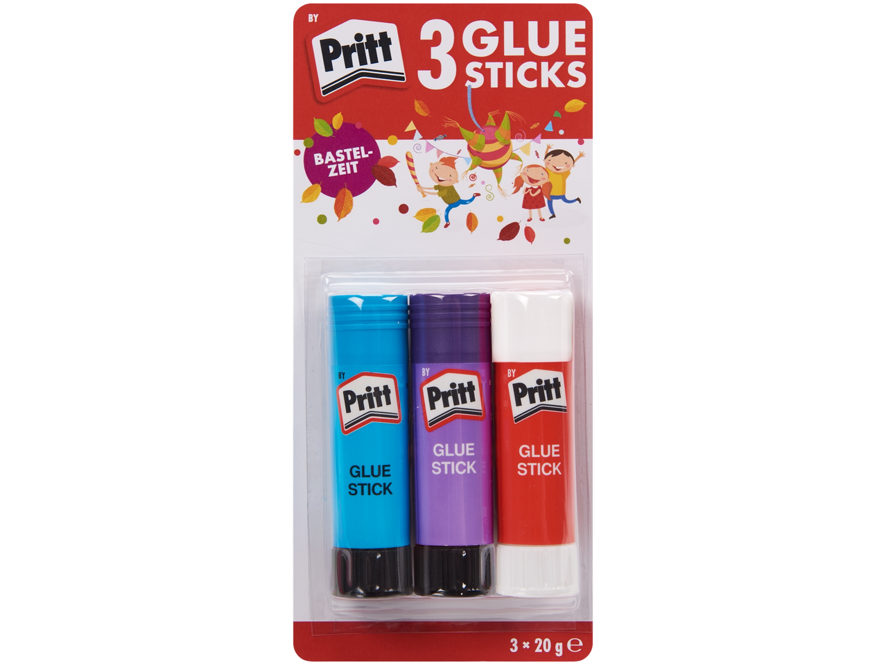 Kolme värvilise Pritt liimipulga pakend, sügisteema ja mängivate lastega.