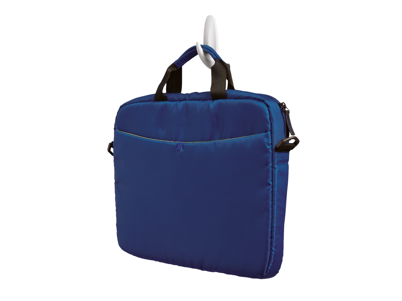 A blue laptop bag hangs on a hook.